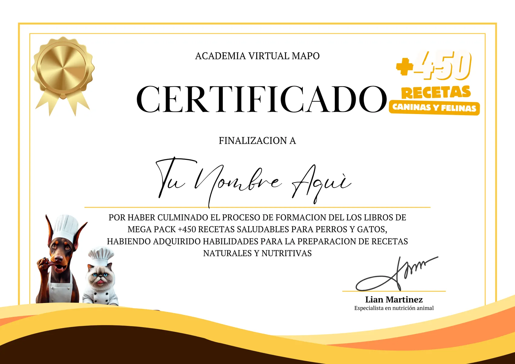 Certificado del Mega Pack +450 recetas caninas y felinas
